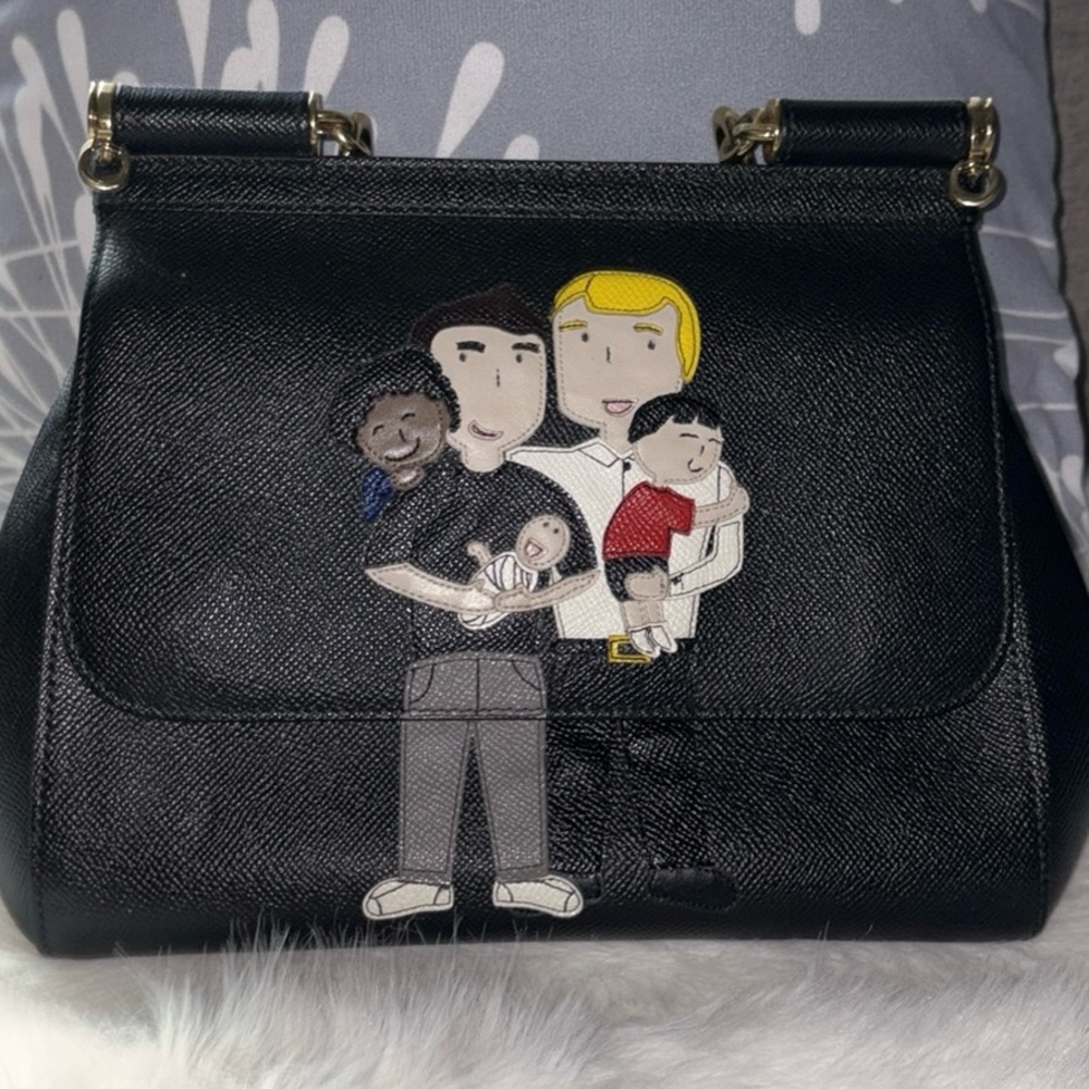 Dolce & Gabbana Black Sicily Leather HandBag with Artwork & Gold accents